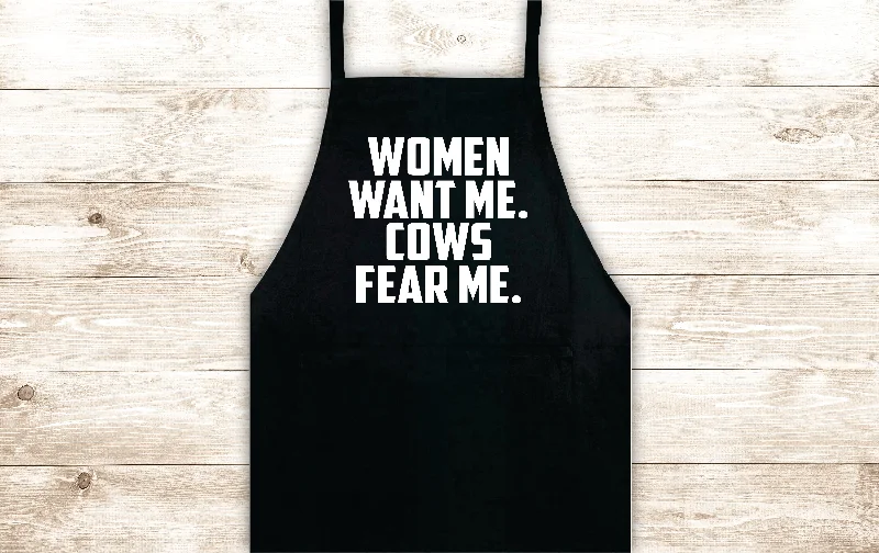 Women Want Me Cows Fear Me Apron Heat Press Vinyl Bbq Barbeque Cook Grill Chef Bake Food Kitchen Funny Gift Men