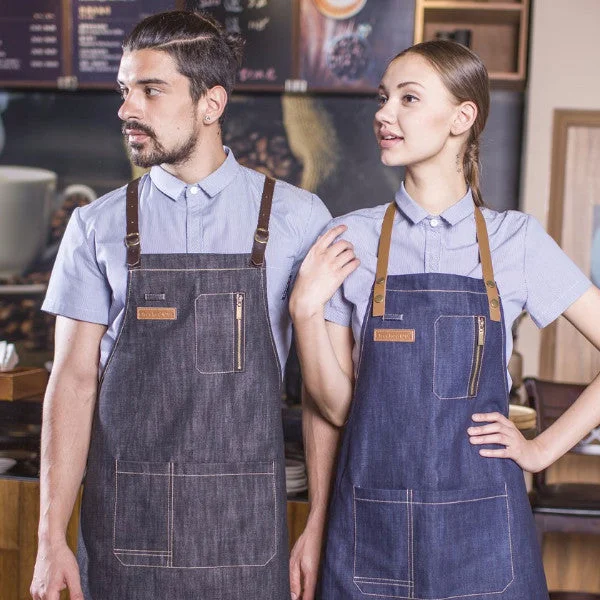 BLUE Denim Coffee Barista Bib Apron with Cross-Back Leather Straps