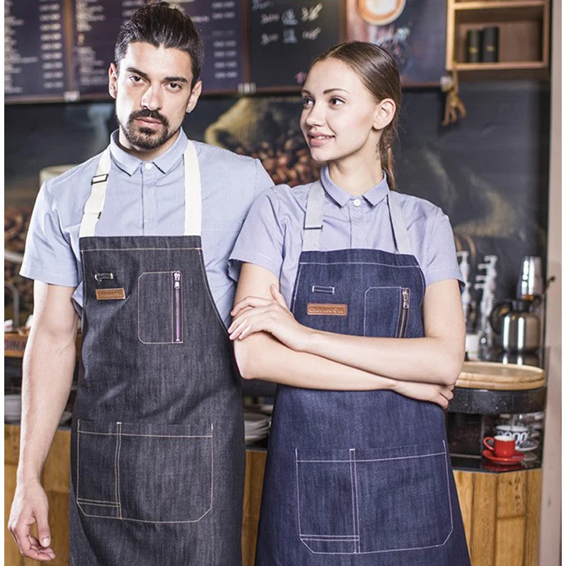 U335C - "Latte Art" Long Barista Denim Bib Apron