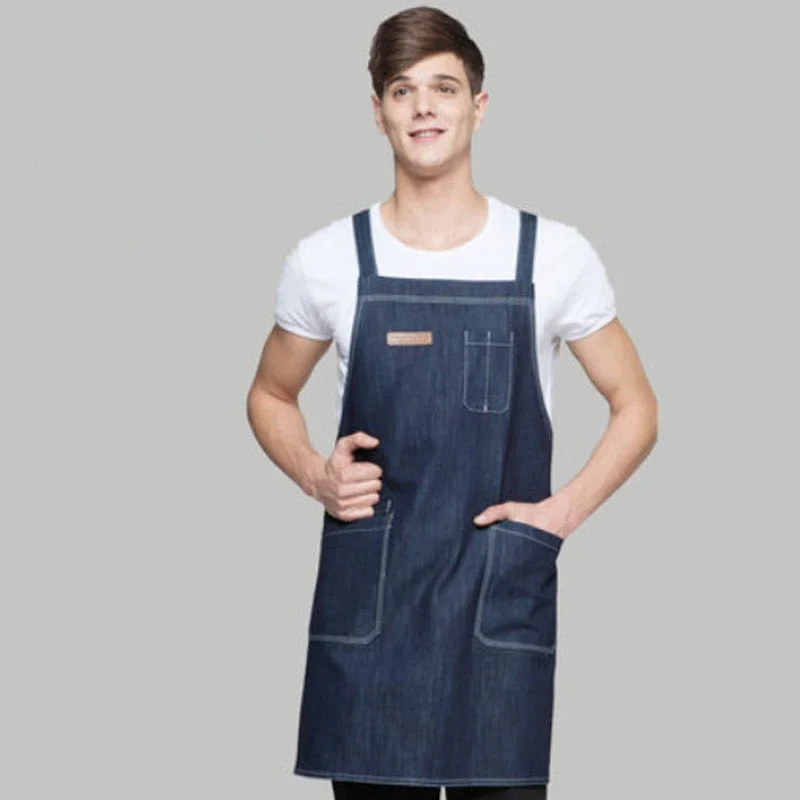 U336  BLUE Denim Bib Apron for Coffee shop, Kitchen, Bar, Cafe.