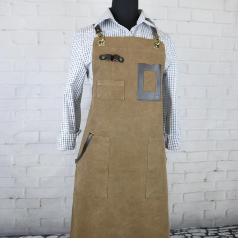 Khaki Canvas & Leather Coffee Barista Apron | Denim Apron | Chef Apron | U357