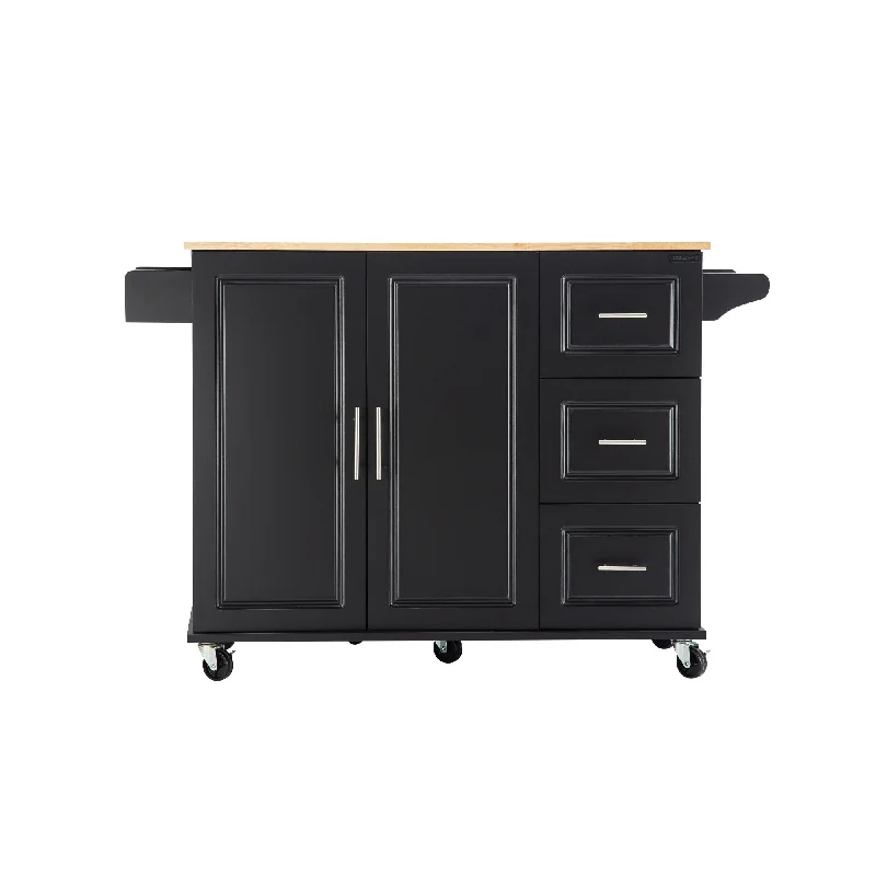 3 Drawers Rubber Wooden Top Utility Kitchen Cart with Adjustable Shelf - Black