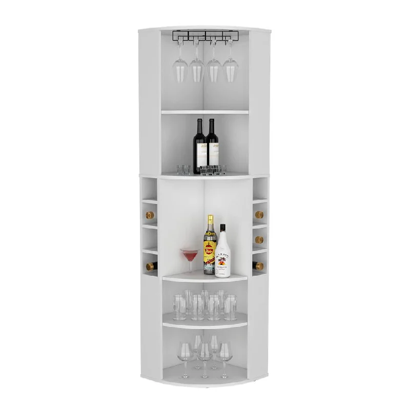 71" Corner Bar Cabinet with Five Shelves, Eight Bottle Cubbies and Stemware