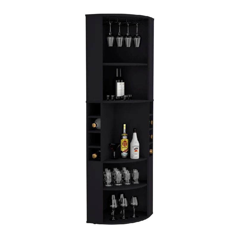 71" Corner Bar Cabinet with Five Shelves, Eight Bottle Cubbies and Stemware