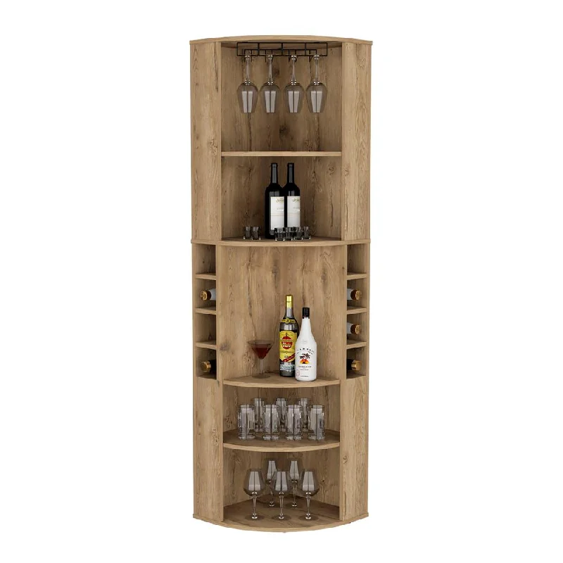 Agra 71" Corner Bar Cabinet with Five Shelves, Eight Bottle Cubbies and Stemware