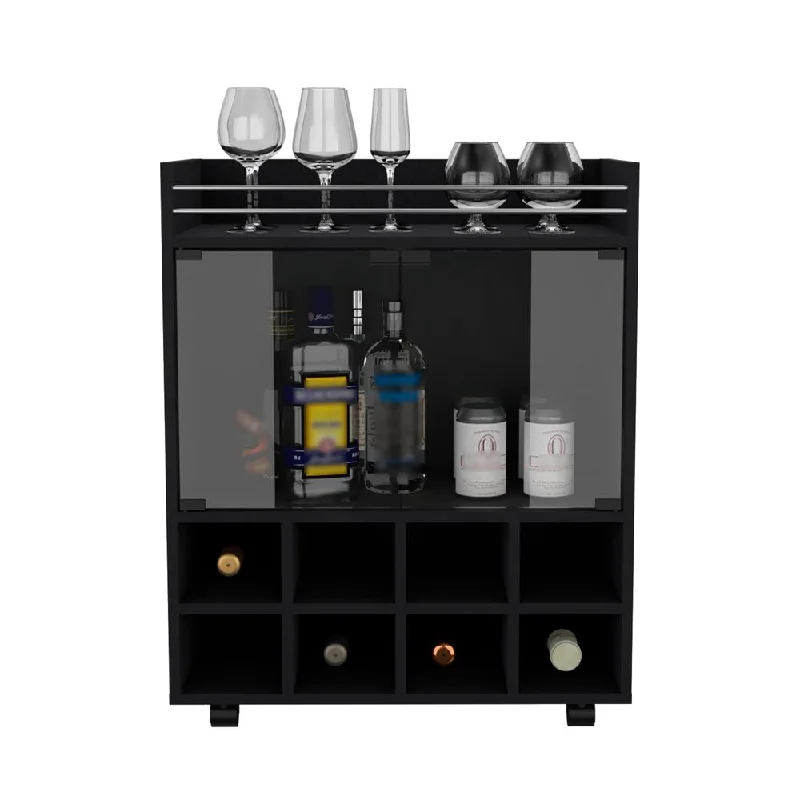 Bar Cart with 8-Bottle Holder, Glass-Paneled Cabinet and Aluminum-Touched Top