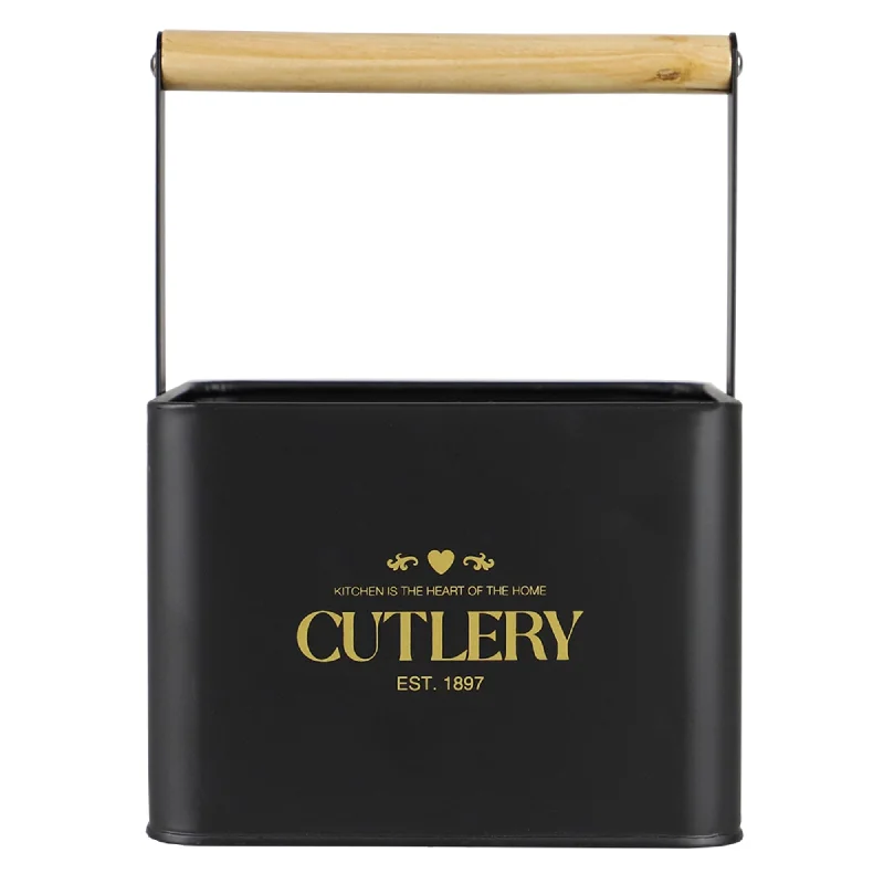 Bistro Sectioned Tin Holder with Bamboo Handle, Black