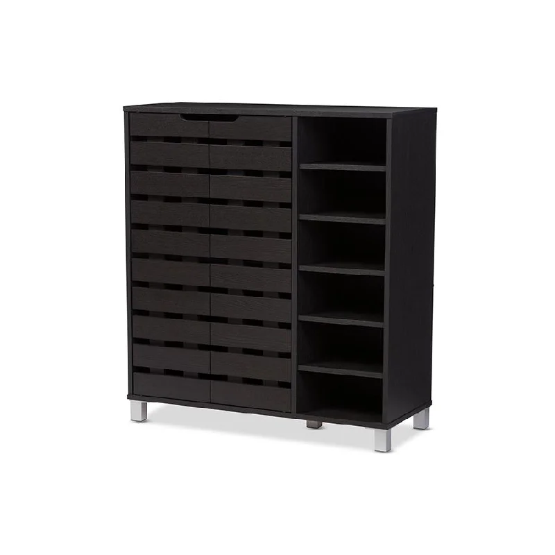 Dark Brown Wood 2-Door Shoe Cabinet with Open Shelves