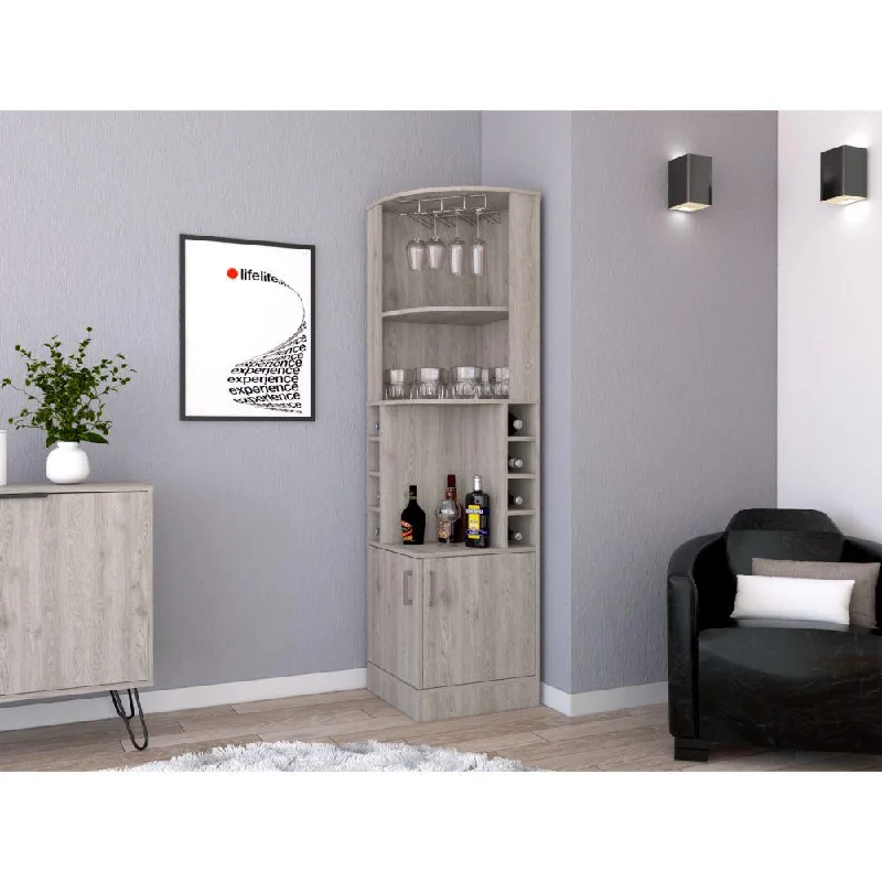 DEPOT E-SHOP Egina Corner Bar Cabinet, Cup Rack, Two External Shelves - Light Grey, For Office