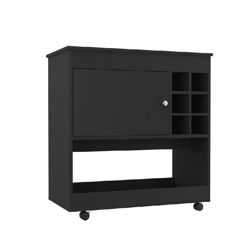 DEPOT E-SHOP Lotus Bar Cart-Six Bottle Cubbies, One Cabinet, Countertop, Lower Panel, Four Casters-Black, For Kitchen