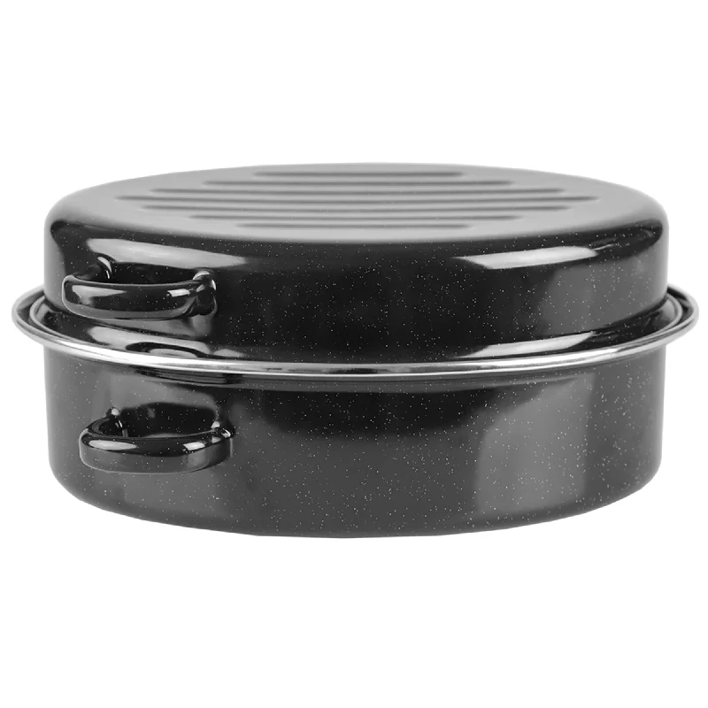 Deep Oval Natural Non-Stick 12” Enameled Carbon Steel Roaster Pan with Lid, Black