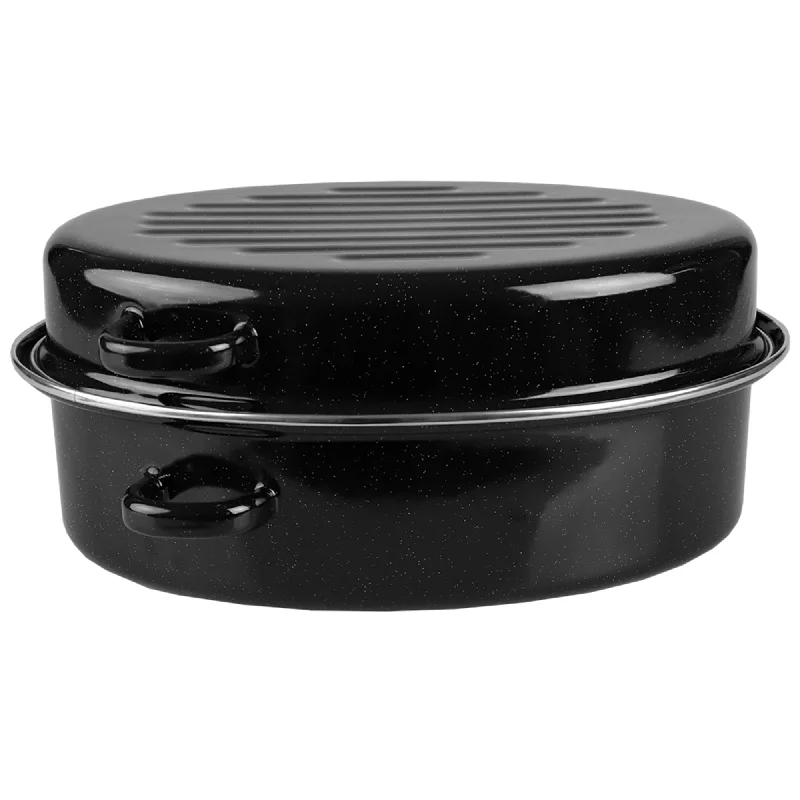 Deep Oval Natural Non-Stick 14” Enameled Carbon Steel Roaster Pan with Lid, Black