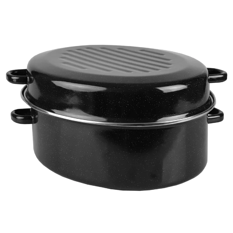 Deep Oval Natural Non-Stick 16” Enameled Carbon Steel Roaster Pan with Lid, Black