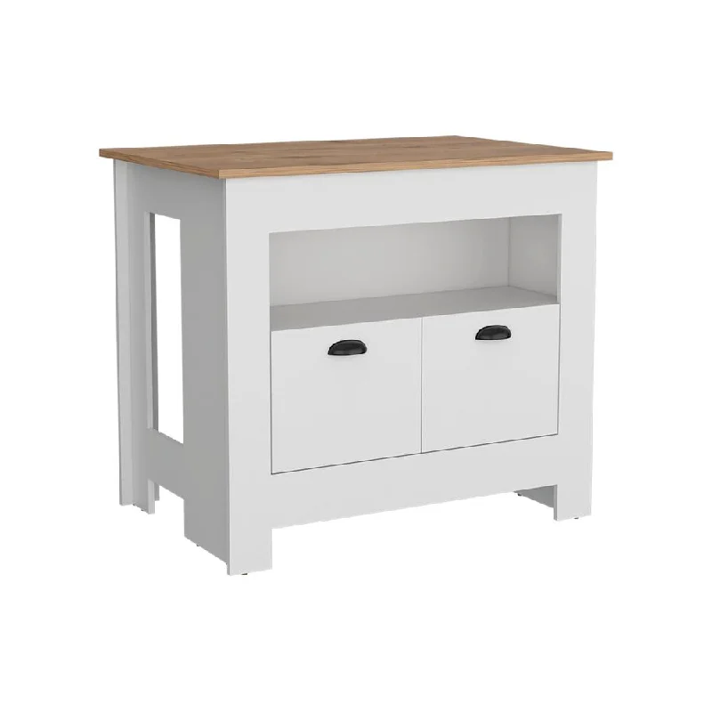 Floyd 35" H Kitchen Island, whit  2 doors, 3 shelves, White/Macadamia