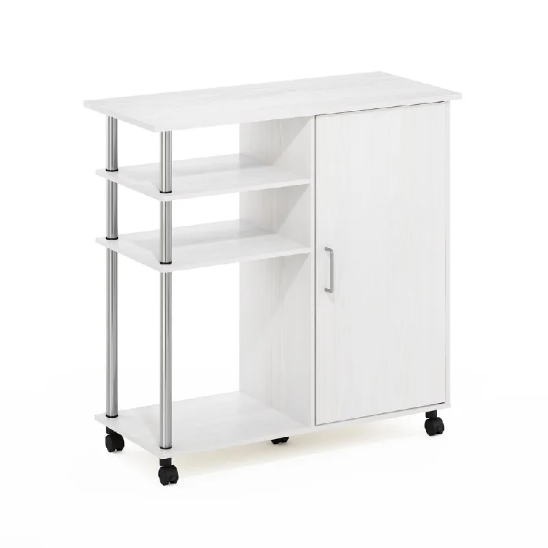 Furinno Helena 4-Tier Utility Kitchen Island and Storage Cart on wheels with Stainless Steel Tubes, White Oak/Chrome