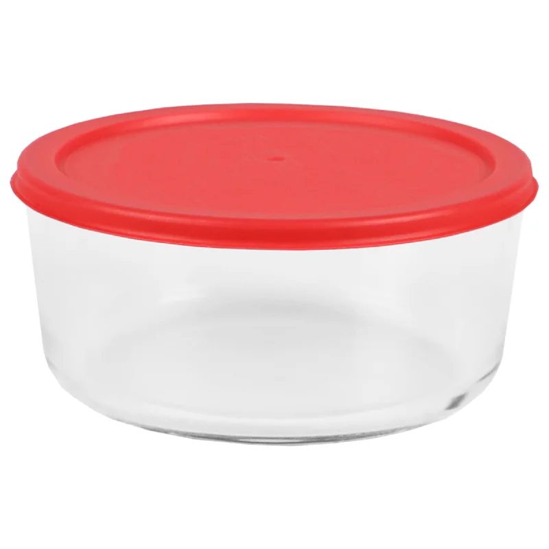 Round 55 oz. Borosilicate Glass Food Storage Container with Red Lid