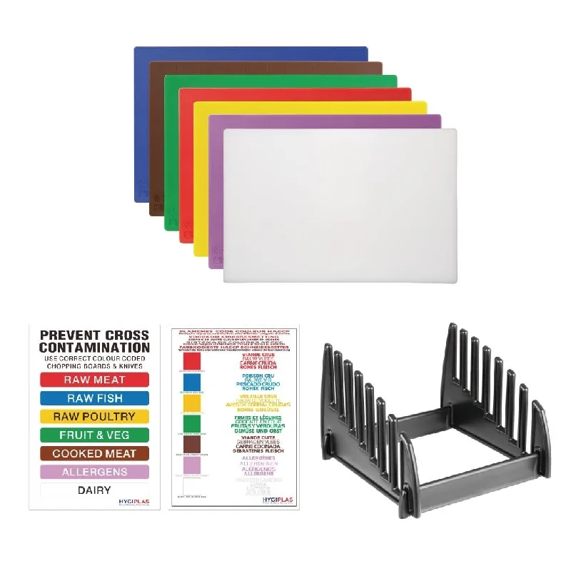 Hygiplas Low Density Set of 7 Chopping Boards, Steel Rack & Wall Chart - 300x450x10mm