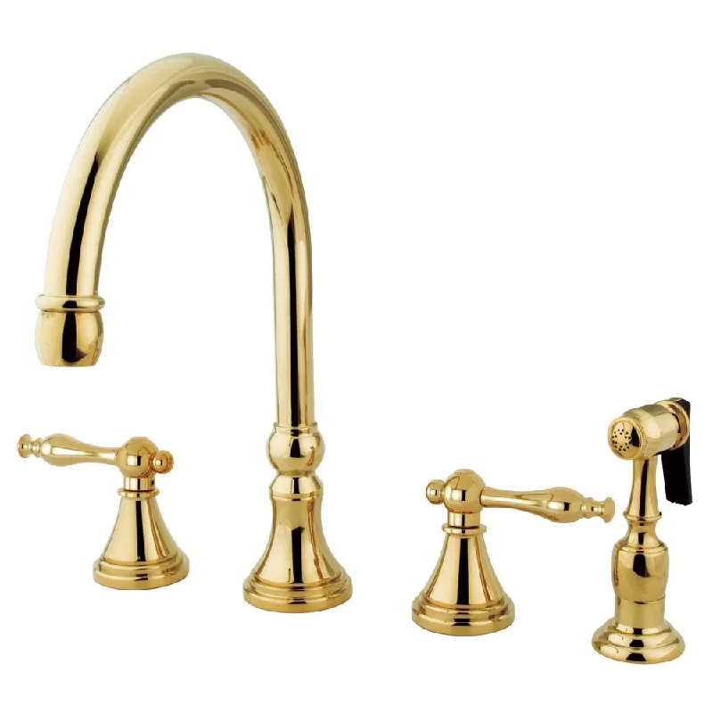 Kingston Polished Brass 8" Deck Mount Kitchen Faucet w Brass Sprayer KS2792NLBS