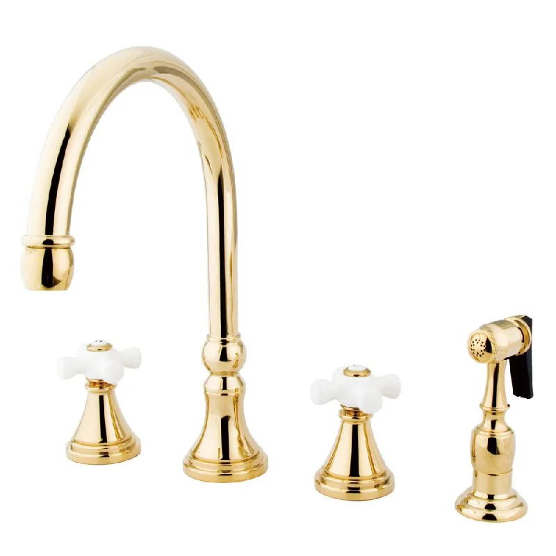 Kingston Polished Brass 8" Deck Mount Kitchen Faucet w Brass Sprayer KS2792PXBS