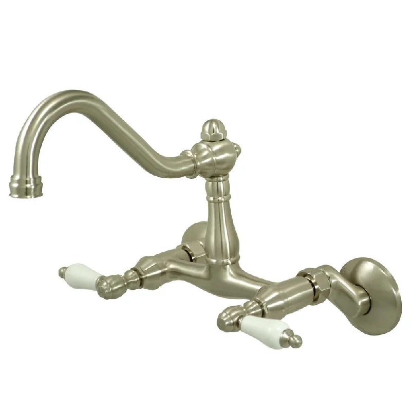 Kingston Porcelain Lever Handle Satin Nickel Wall Mount Kitchen Faucet KS3228PL