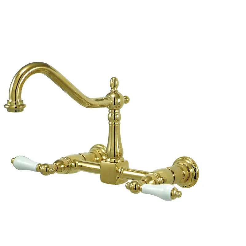 Kingston Porcelain Lever Hdl Polished Brass Wall Mount Kitchen Faucet KS1242PL