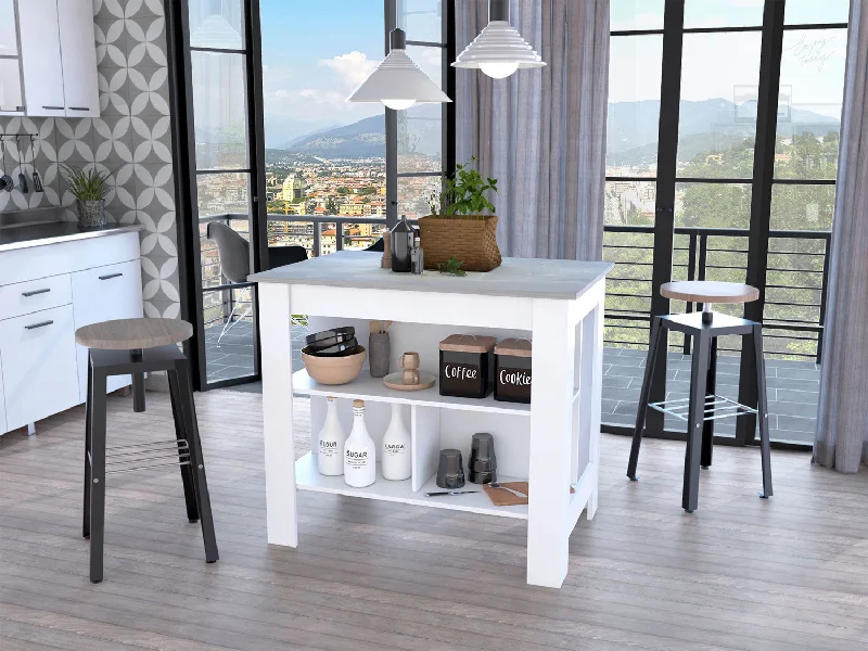 Marble and White Kitchen Island with Three Storage Shelves