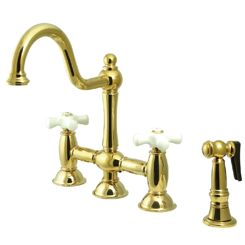 Polished Brass 8" center Bridge two handle Kitchen Faucet w spray KS3792PXBS