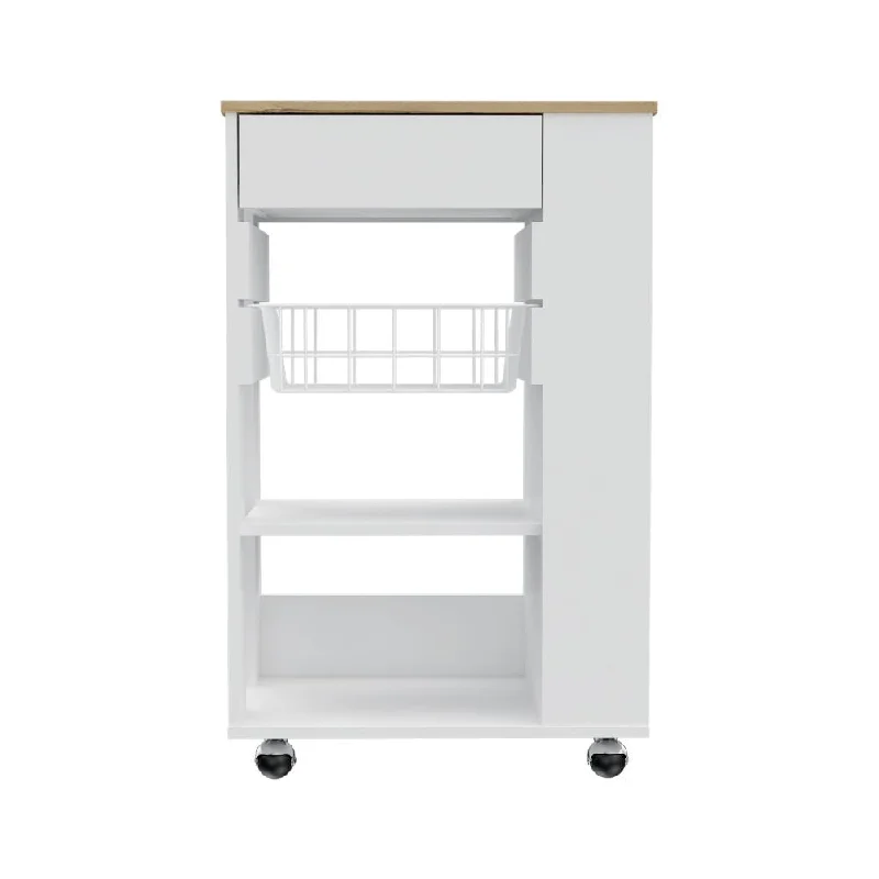 Sleek White and Light Oak Portable Kitchen Cart