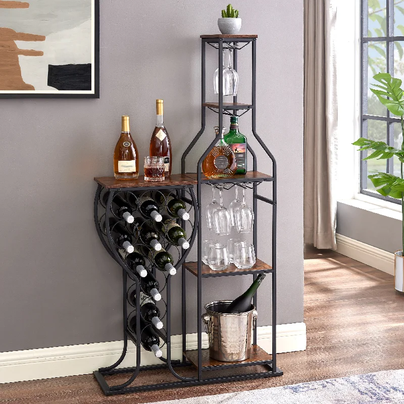 Streamdale 5-Tier Rustic Brown Wine Storage Rack with Hanging Glass Holder