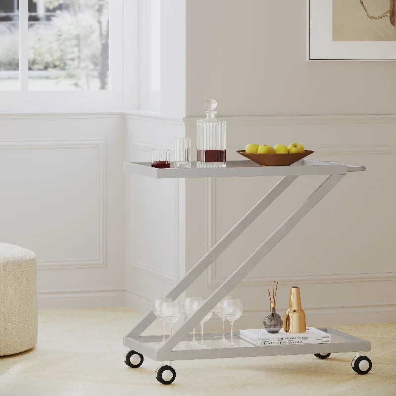 Streamdale Modern Z-Shaped Bar Cart with Tempered Glass Shelves and Locking Casters