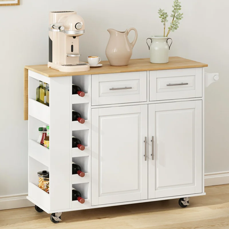 Streamdale White Kitchen Island Cart with Storage and Foldable Table