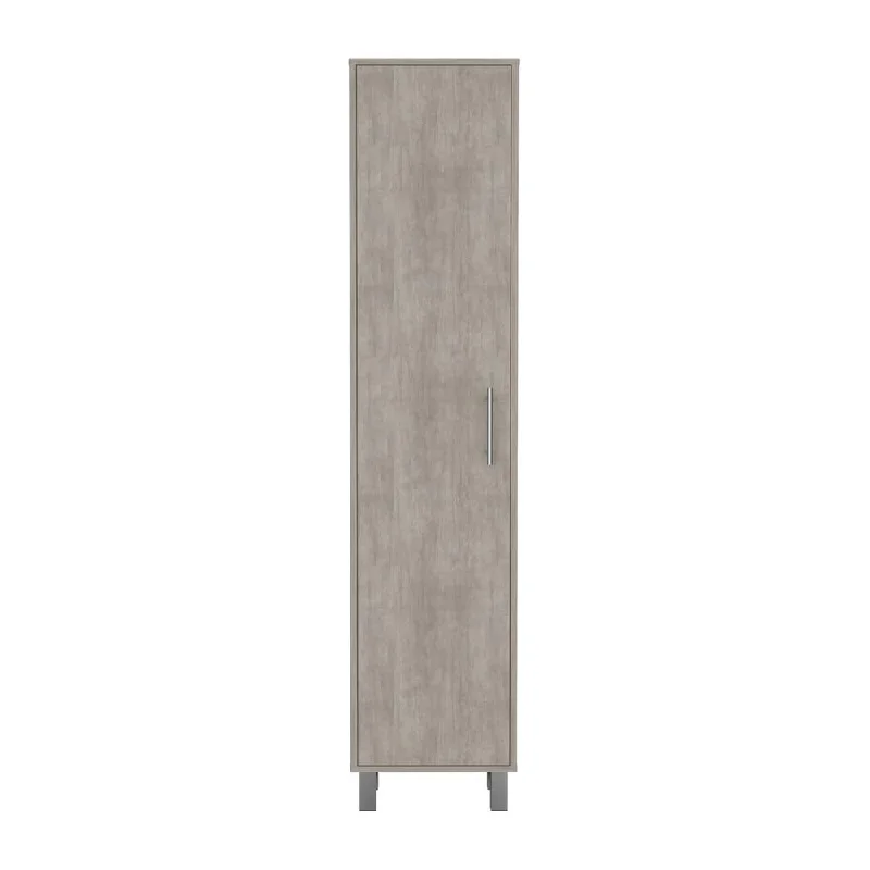 Tall Narrow Storage Cabinet with 5-Tier Shelf and Broom Hangers, Concrete Gray