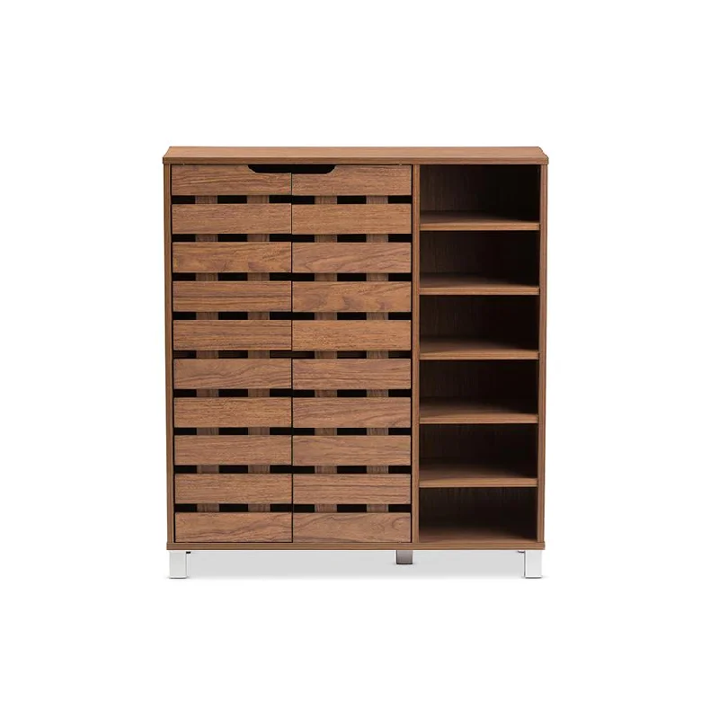 "Walnut" Medium Brown Wood 2-Door Shoe Cabinet with Open Shelves