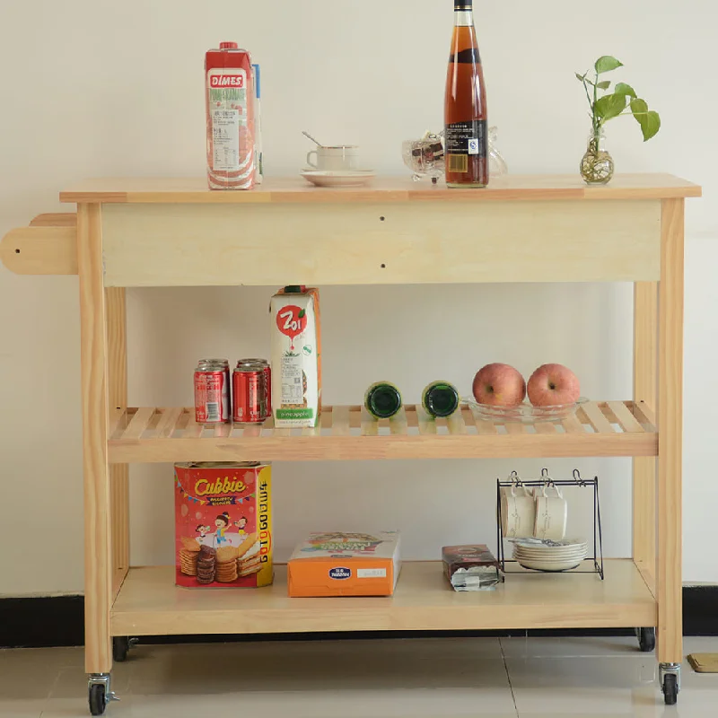 Wooden Utility Kitchen Island Cart Two Utility Drawers and a Towel Holder - Natural