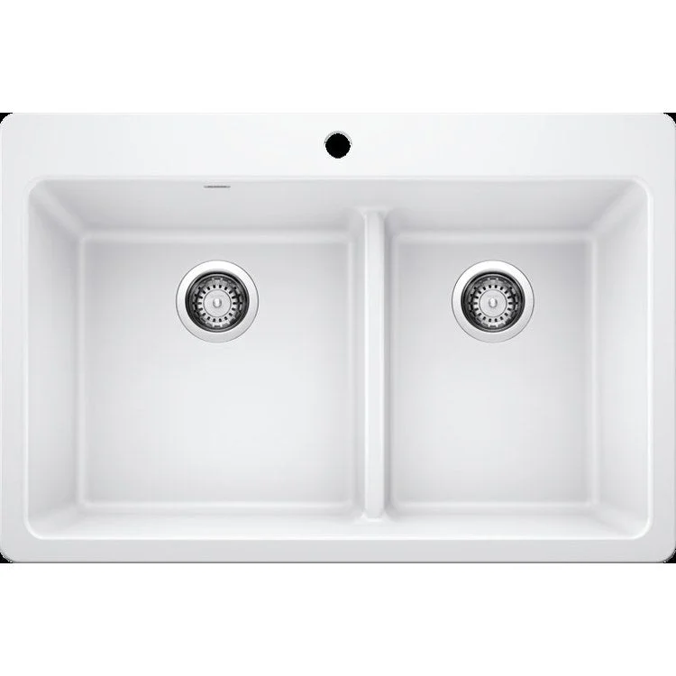 Kitchen Sink Corence 33 x 22 Inch Double Bowl 1-3/4 Double Low Divide 1 Hole White Drop-In/Undermount