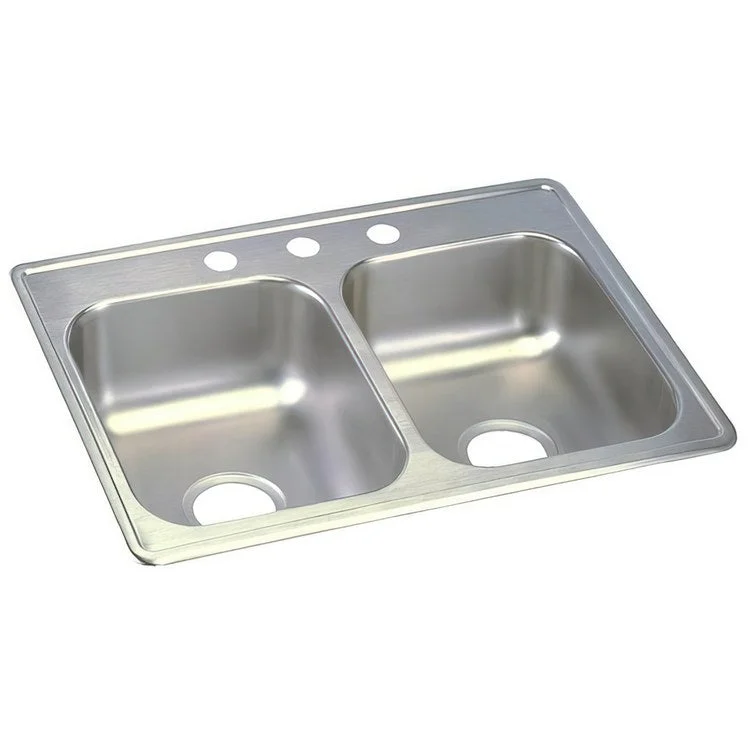 Kitchen Sink Dayton 25 x 19 Inch Double Bowl Equal 3 Hole ADA Satin Drop-In Rectangle Drain Location Center Depth 6-1/3 Inch Bottom Only Pads