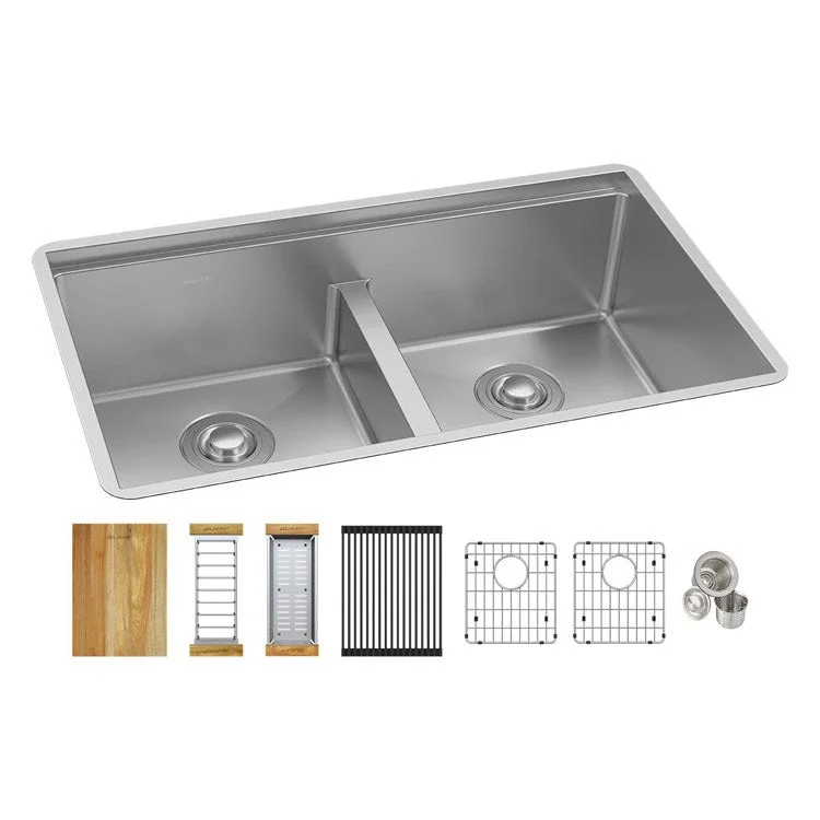 Kitchen Sink Crosstown 31.5 x 18.5 Inch Double Bowl Equal Kit with Aqua Divide Polished Satin Undermount