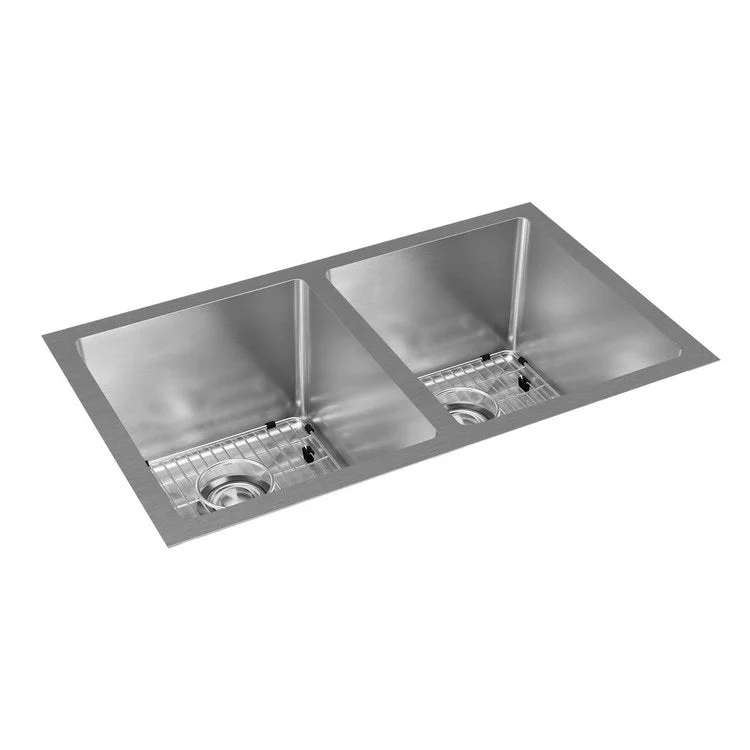 Sink Kit Crosstown Equal 30.75 x 18.5 Inch Double Bowl Polished Satin Two Bottom Grids Two Strainer Drains Cleanser Towel Cloth Bag