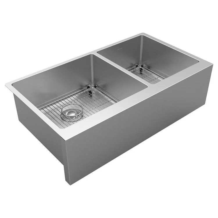 Sink Kit Crosstown Farmhouse 35.875 x 20.25 Inch Double Bowl Polished Satin Two Bottom Grids Two Strainer Drains