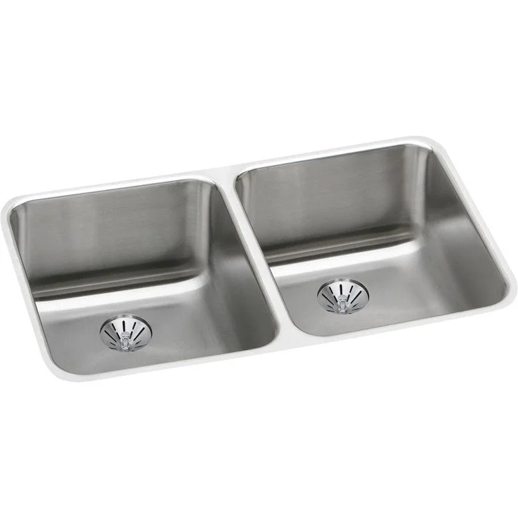 Kitchen Sink Lustertone Classic 30.75 x 18.5 Inch Double Bowl Equal Perfect Drain Lustrous Satin Undermount Drain Location Rear Center