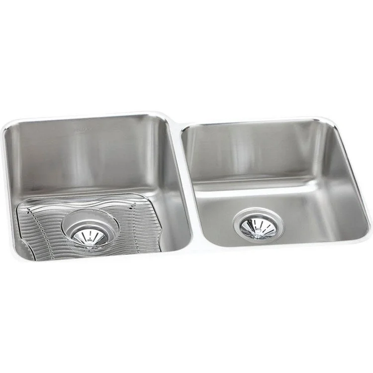 Sink Kit Lustertone Classic Offset 31.25 x 20.5 Inch Double Bowl Lustrous Satin Bottom Grid and Drain