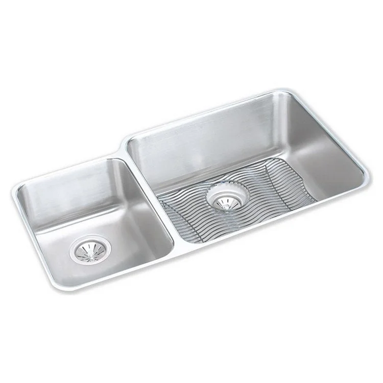 Kitchen Sink Lustertone Classic 35 x 20.5 Inch Double Bowl Offset 40/60 Kit Lustrous Satin Undermount