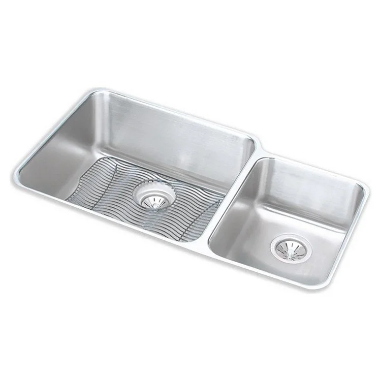 Kitchen Sink Lustertone Classic 35 x 20.5 Inch Double Bowl Kit Offset 60/40 Lustrous Highlighted Satin Undermount