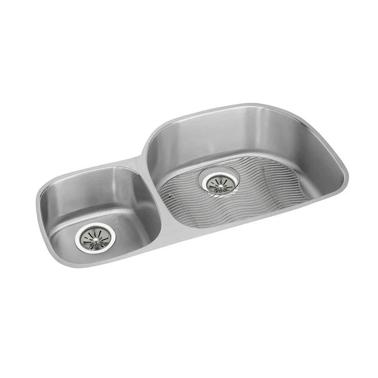 Sink Kit Lustertone Classic Offset 40/60 36.25 x 21.125 Inch Double Bowl Lustrous Satin One LKWOBG2118SS Bottom Grid One LK99 Drain 10 Inch