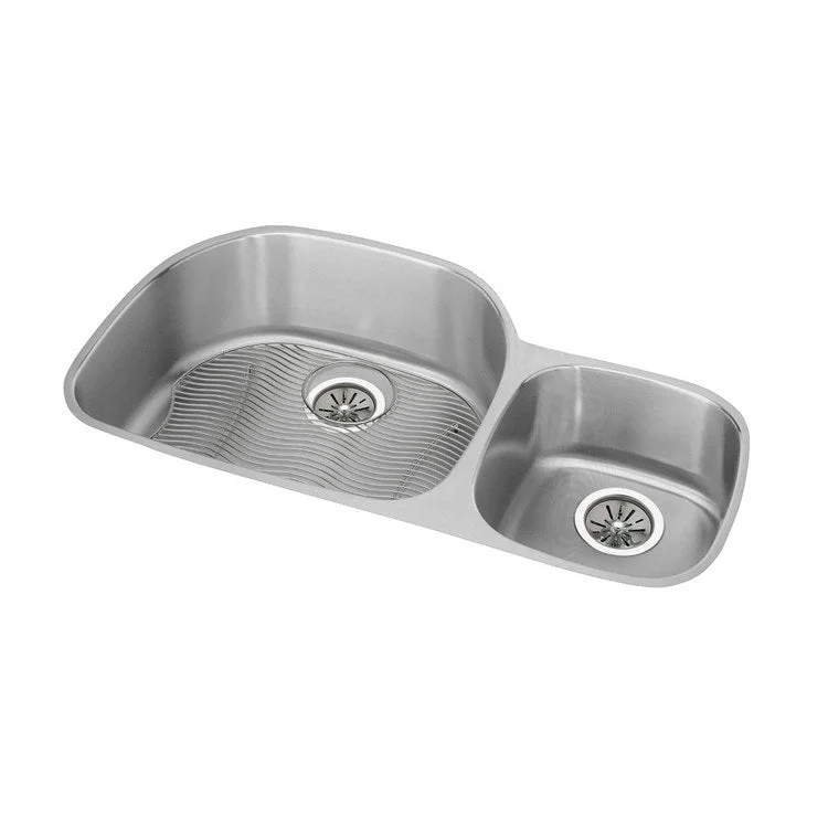 Kitchen Sink Lustertone Classic 36 x 21 Inch Double Bowl Kit Offset 60/40 Lustrous Highlighted Satin Undermount