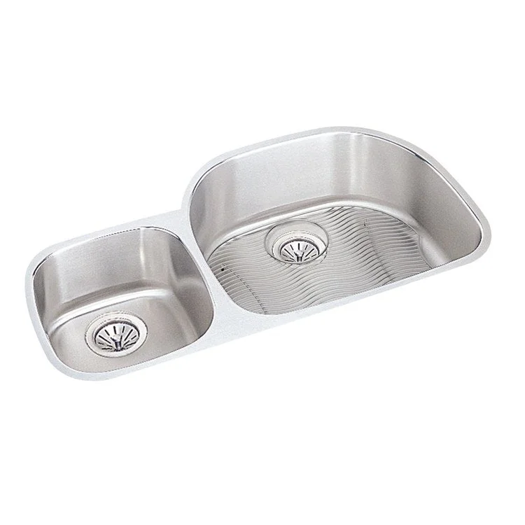 Sink Kit Lustertone Classic Offset 40/60 36.25 x 21.125 Inch Double Bowl Lustrous Satin One LKWOBG2118SS Bottom Grid One LK99 Drain 7-1/2 Inch