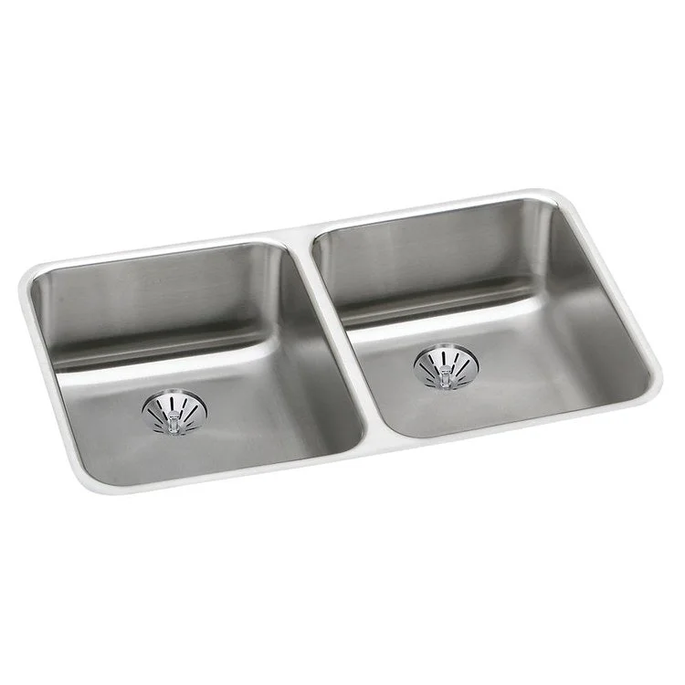 Kitchen Sink Lustertone Classic 30.75 x 18.5 Inch Double Bowl with Perfect Drain ADA Lustrous Satin Undermount Rectangle Drain Location Rear Center Depth 4-3/8 Inch Bottom Only Pads