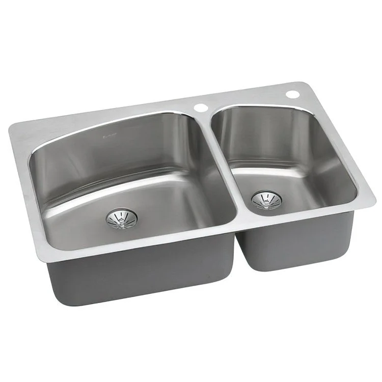 Kitchen Sink Lustertone Classic 33 x 22 Inch Double Bowl 60/40 with Perfect Drain 1 Hole Lustrous Satin Drop-In Stainless Steel Undermount Rear Drain Location Center Sides and Bottom Pads