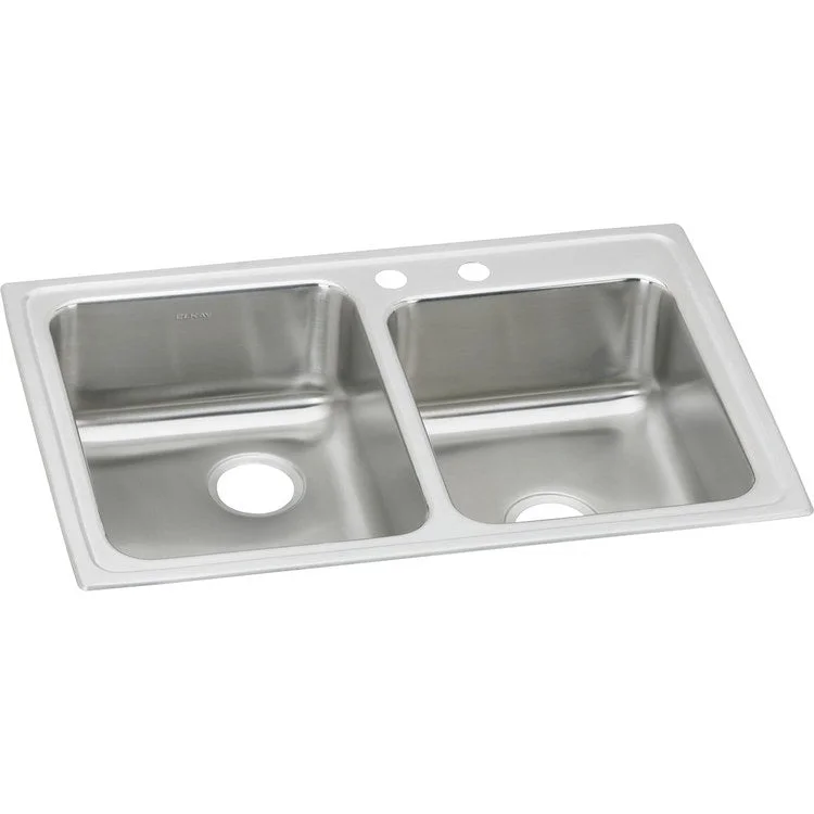 Kitchen Sink Lustertone Classic 33 x 22 Inch Double Bowl 2 Hole Lustrous Highlighted Satin Top Mount Stainless Steel Drain Location Center Rear Drain Location Center Sound Guard