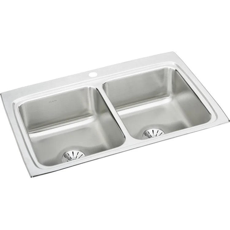 Kitchen Sink Lustertone Classic 33 x 22 Inch Double Bowl Equal with Perfect Drain 1 Hole Lustertone Top Mount Stainless Steel Drain Location Center Side and Bottom Pads